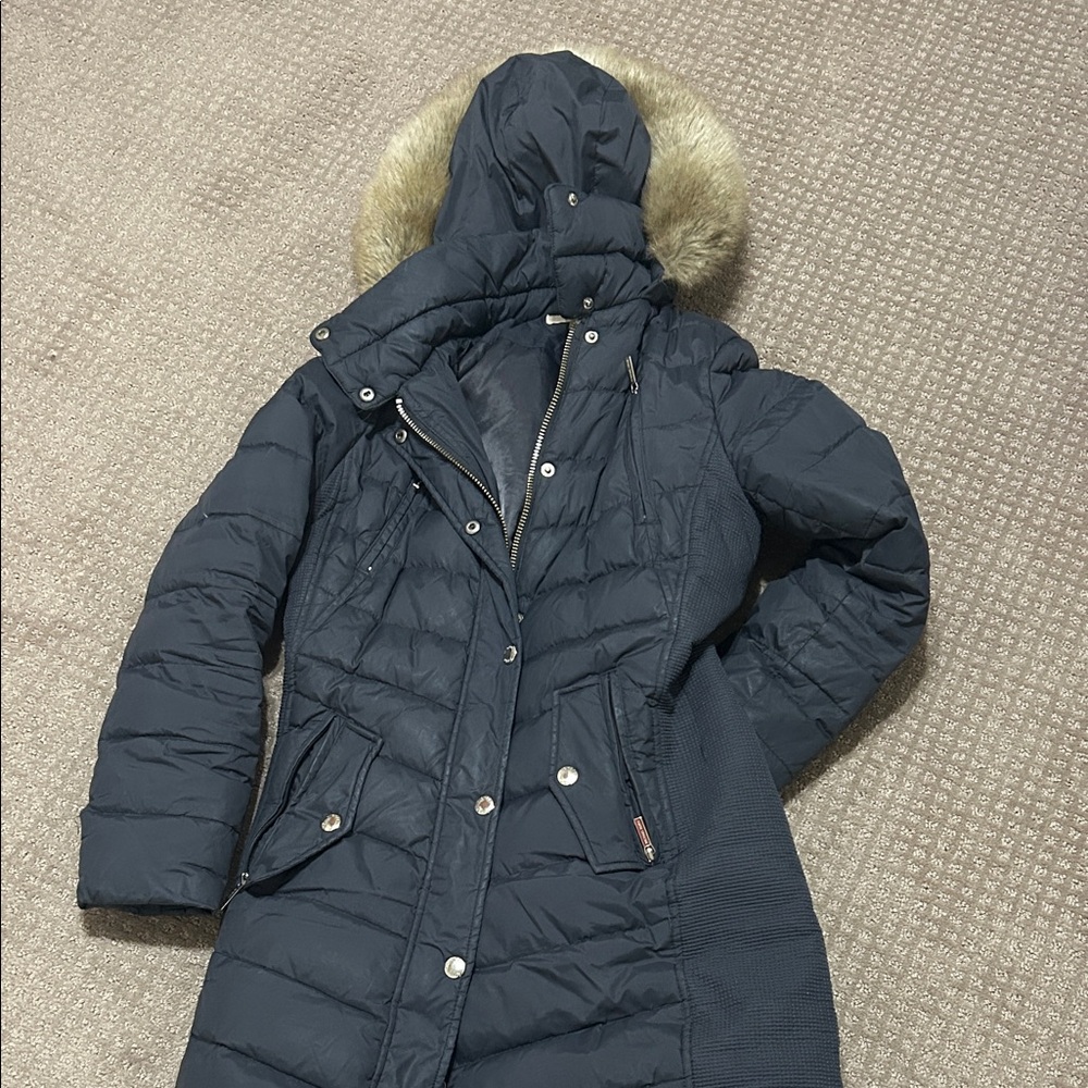 Michael Kors Dark Blue Puffer Jacket with Fur Hood